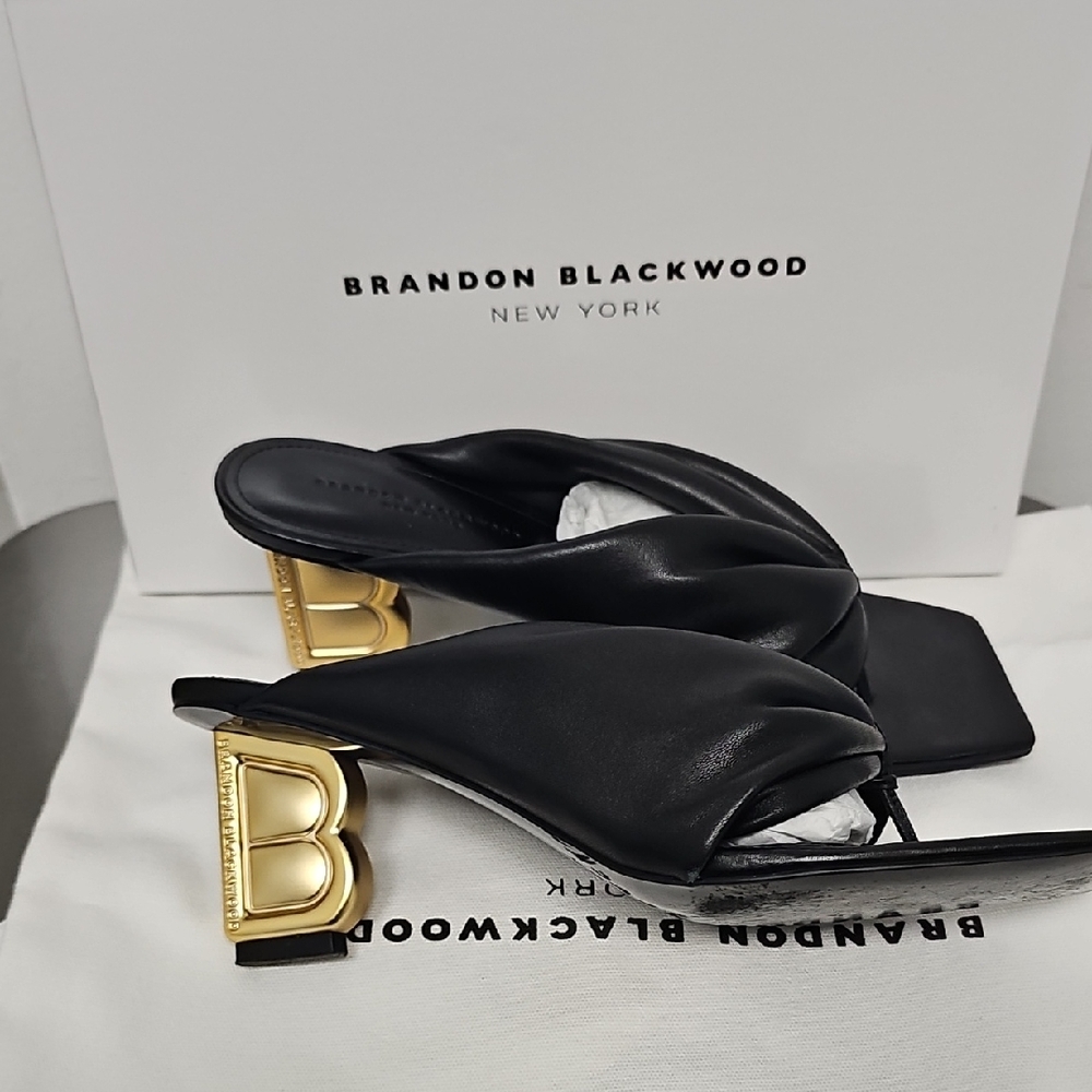 Brandon Blackwood Black Leather Knotted Mule Sandals with Gold B-Heel